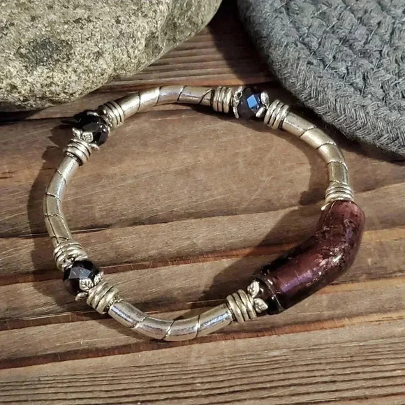 Handcrafted Edgy Silver Purple Lavender Bracelet - Picture 3 of 6